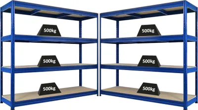 Produktbild von Mega Deal | 2x Schwerlastregal DINO | HxBxT 180x200x60cm | 4 Spanplatten-Ebenen 16mm | Fachlast 500kg | Blau