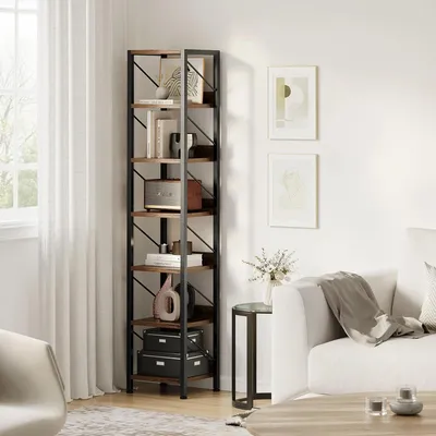 Obrázek produktu pro Úzká, vysoká knihovna – regál se 6 policemi – úsporný, elegantní design – zakřivený kovový rám – úložný prostor v industriálním stylu – rustikální hnědá barva