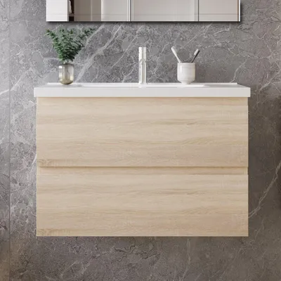 Produktbild von 80 cm Badmöbel-Set Unterschrank mit Keramik waschtisch 2 Schubladen soft-close Eiche Matt Selbstmontierter