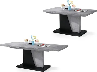 Produktbild von All4All Couchtisch Noel , Kaffeetisch , Wohnzimmertisch , Sofatisch mit Ablagen , Esstisch mit Einlegeplatte , ausklappbar , 120x70cm , Beton Millenium + Schwarz