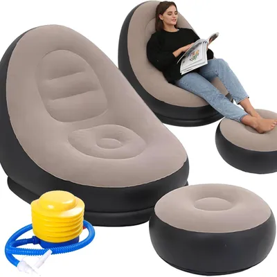 Produktbild von Aufblasbarer Gartensessel mit Fußhocker Luftsessel Liegesessel Strand Camping mit Fußpumpe Beige Schwarz