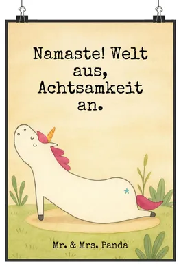 Produktbild von Mr. & Mrs. Panda Bild Einhorn Yoga Design DIN A3 - Weiß - Geschenk, Witzig, Sport, wanddeko, Wanddekoration, Achtsamkeit, Unicorn, wandkunst, drucke, Yogamatte, Wandbild