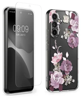 Produktbild von kwmobile Hülle kompatibel mit Samsung Galaxy A54 5G Handyhülle - Silikon Case transparent - Mit Glas Schutzfolie - Blumenblüten und Rosen Pastelllila