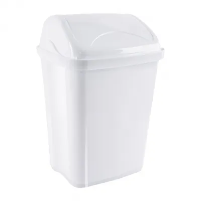 A white trash can with a flip lid, shown from the front.