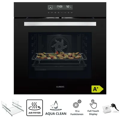Produktbild von KB-ELEMENTS Einbaubackofen 60 CM, Airfryer Funktion, 15 x Funktionen, Full Touch Display, AQUA CLEAN, 3 Fach Verglasung, 2 x Teleskopauszug, EEK A+