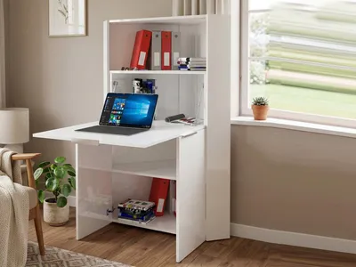 Produktbild von Schreibtisch Gianmaria, Mehrzweckmöbel mit Regalen und Arbeitsplatte, Mehrzweck-Bürotisch, platzsparender Mehrpositionsschreibtisch, 100 % Italy, cm 70x57h140, glänzendes Weiß