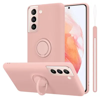A pink phone case with a ring holder is displayed from multiple angles, with a phone inside one of the cases.