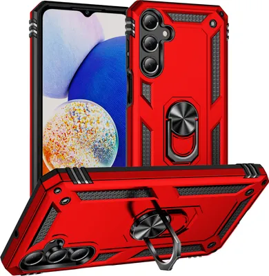 A red phone case with a ring holder is displayed from multiple angles.