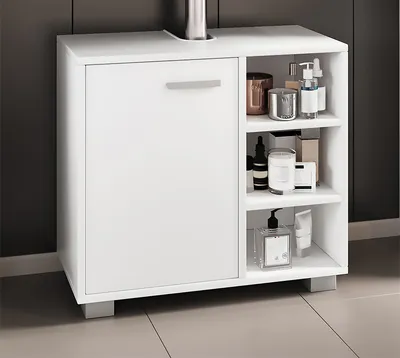 Produktbild von VCM Holz Waschbeckenunterschrank | Badschrank | Maße: H. 58 x B. 60 x T. 30 cm | 1 Drehtür | 3 kleine offene Regalfächer - Zalo L