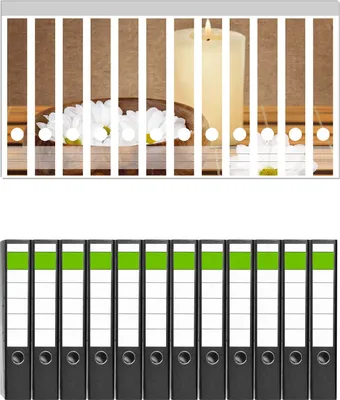 Produktbild von Wallario 12 Stück schmale Ordner inkl. Klebeetiketten mit Motive Stillleben - Kerzen und Blumenblüten in Holzschale -  Set mit Rückenschildern / Ordnerrücken Stickern