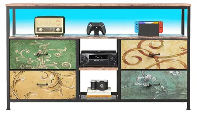 Obrázek produktu pro TV stolek - televizní komoda, rozměry 108×30×78 cm, 4 zásuvky, LED osvětlení, otevřená přihrádka, kovový rám a dřevotříska, nosnost do 30 kg