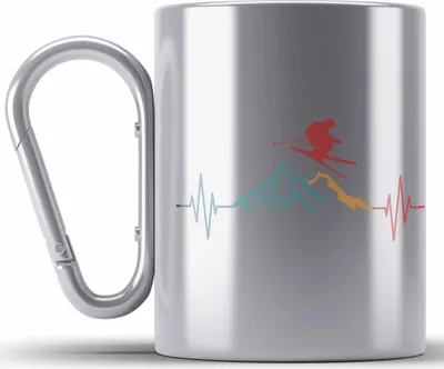 Produktbild von Trendation - Ski Edelstahl Tasse Karabiner Geschenk Grafik Geschenkidee Skifahrer Geschenk Winter (Silber)