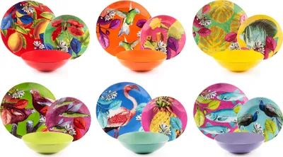 A collage of multiple sets of colorful plates and bowls with tropical motifs.