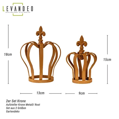 Two metal crowns of different sizes are displayed against a white background, with dimensions indicated.