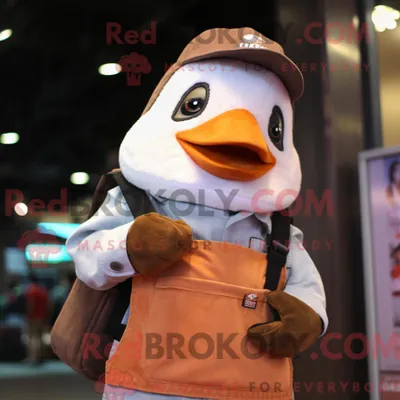 Produktbild von Rostfarbener REDBROKOLY Pinguin-Maskottchen-Kostümcharakter mit Button-Up-Hemd und Messenger-Taschen