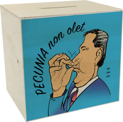 Produktbild von Pecunia non olet Spardose aus Holz in Blau zum Thema Geld