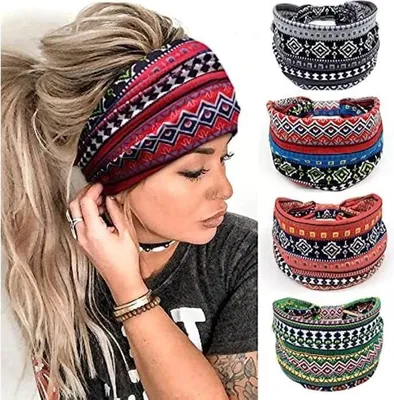 Produktbild von Breites Damen-Stirnband, weiches, elastisches Stirnband im Boho-Leopardenmuster für Yoga und Sport, mehrfarbiges Stirnband für Damen, 4er-Pack