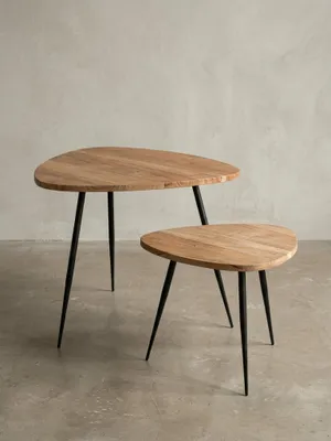 Produktbild von 2er Set Satztisch Akazie Massivholz / Metall Couchtisch Klein, Design Beistelltisch Set Zwei Holz-Tische, Wohnzimmertisch Tisch Metallgestell