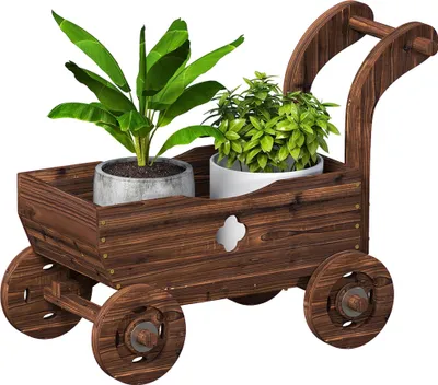 Image de Brouette décorative en bois - Chariot de jardin - 4 roues - Poignée carbonisée - Pour l'extérieur - Décoration de jardin rustique