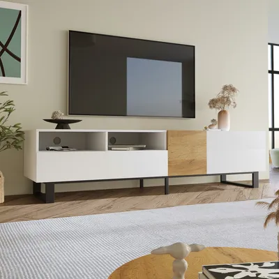 Image de OKWISH Meuble TV 180 cm - Design Moderne avec Pieds en Métal - Blanc et Bois