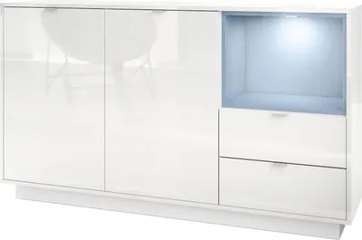Produktbild von Vladon Sideboard Kommode Metro,  Germany, Korpus in Weiß Hochglanz / Fronten in Weiß Hochglanz mit Einsatz in Denim matt, inkl. LED Beleuchtung