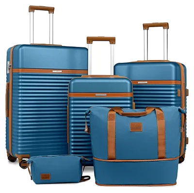 Produktbild von 5-teiliges Kofferset aus ABS Hartschale, erweiterbar mit 4 Rollen und TSA-Schloss, inklusive Reisetasche und Kulturbeutel