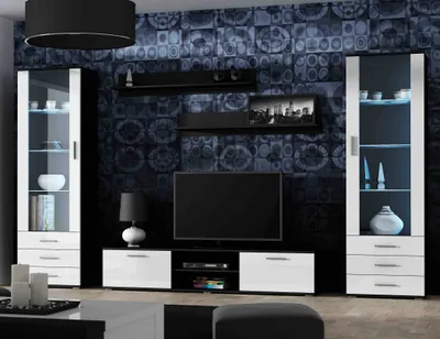Produktbild von Furniture24 Wohnwand SOHO 4 mit Blauer LED Beleuchtung, Anbauwand, Wohnzimmerschrank, Schrankwand, Vitrine, Lowboard, Hängeregal Schwarz/Weiß Hochglanz