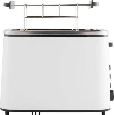 A front view of a white two-slice toaster with a silver warming rack on top.