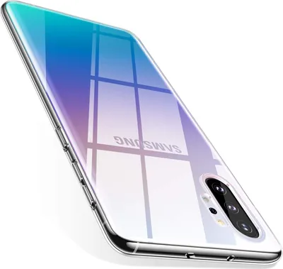 A clear, professional shot of a transparent phone case with a gradient color effect, placed on a white background.