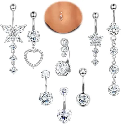 Imagen del producto de Piercing para el ombligo, tipo aguja, calibre 14 g, paquete de 8 unidades, fabricado en acero inoxidable, para piercings corporales