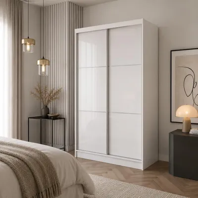 Produktbild von Kleiderschrank mit Hochglanz VIVA 120cm - Schrank mit Schiebetüren & Kleiderstangen, Garderobe ohne Spiegel (Weiß)