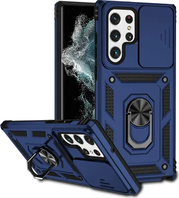 Produktbild von Galaxy S22 Ultra 5G Hülle mit Schiebe Kamera Schutz und Ringhalter Ständer Robust Rüstung Schutzhülle für Samsung Galaxy S22 Ultra 5G Blau