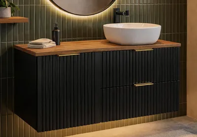 Produktbild von Badezimmer Waschtisch mit 100 cm Breite in schwarz und Eiche, 1 Klappe mit Wäschekorb & 2 Schubladen - ADELAIDE-56-BLACK