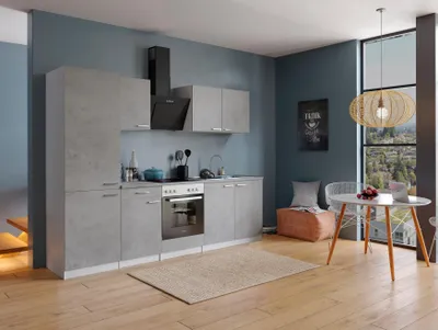 Produktbild von Küche Küchenzeile Küchenblock Einbauküche Weiß Beton Malia 270 cm, mit Kühl-Gefrierkombi Respekta