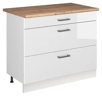 Produktbild von Küchenunterschrank Vicco R-Line Weiß Hochglanz/Weiß 100 cm Arbeitsplatte Goldkraft Eiche, Model 71541