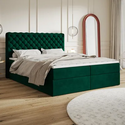Produktbild von MOTIVENA Nero Chesterfield Boxspringbett 180x200 Grün Samt (Kronos 19), Bonellfederkern-Matratze (H4), T28 Komfortschaumstoff Topper (H3)