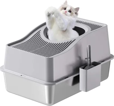 Immagine prodotto di Lettaia per gatti in acciaio inossidabile - Lettiera - Semichiusa con coperchio - Con tappetino e paletta - Base 20 cm - Grigio