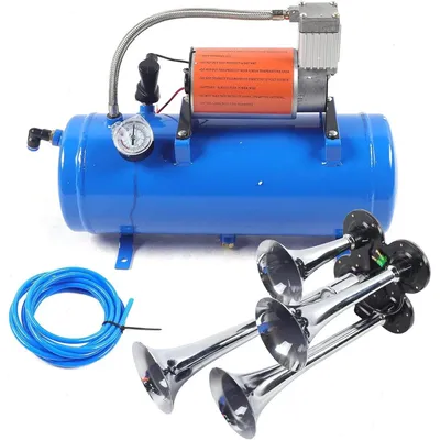 Immagine prodotto di Kit clacson ad aria con compressore – Compressore d'aria a 12V DC – Serbatoio da 6 litri, 150 PSI – 4 clacson per auto e camion