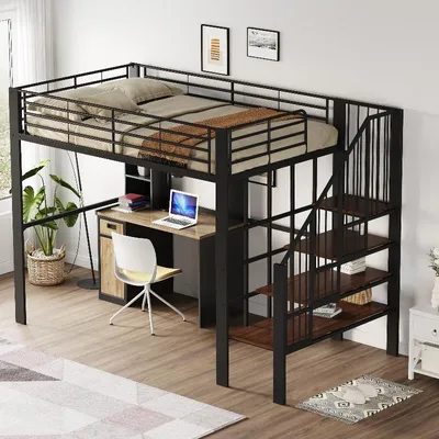 Obrázek produktu pro Vysoká postel 140x200 z kovu s žebříkem a úložným prostorem pod postelí, robustní kovová vysoká postel v černé barvě, vhodná do ložnic, malých bytů a studentských pokojů