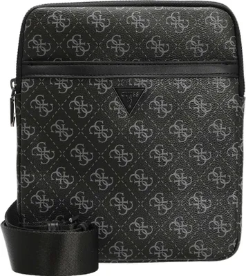 A flat lay image of a black crossbody bag with a repeating Guess logo pattern.