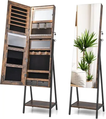 Produktbild von Schmuckschrank mit Spiegel & 3-farbigen LED Beleuchtung 41,5 x 37 x 157 cm Rustikales Braun