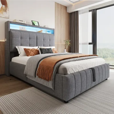 Produktbild von okwish Polsterbett Doppelbett 140 x 200 cm mit LED und USB-Ladefunktione, Kopfteil mit Ablagen und Stauraum, Hydraulisches Stauraumbett mit Bettkasten Stauraum(Ohne Matratze)- Grau
