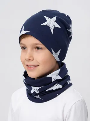 Produktbild von TupTam Uni Kinder Beanie Mütze Schlauchschal Set, Farbe: Sterne Weiß / Dunkelblau, Größe: 54-56
