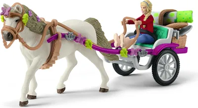 A toy horse pulling a carriage with a girl inside, set against a white background.