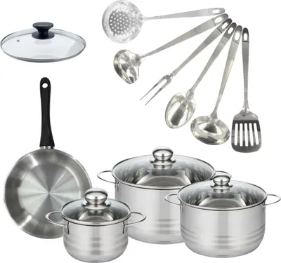 Image de Batterie de cuisine avec 1 poêle 20 cm et 3 faitouts 16/20/24 cm avec 7 ustensiles de cuisine Fackelmann Généva Brillant Oxford avec couvercles