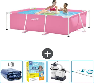 Produktbild von Intex-Schwimmbecken mit rechteckigem Rahmen – 220 x 150 x 60 cm – Rosa – im Lieferumfang enthalten Sonnensegel - Wartungspaket - Filterpumpe für Schwimmbad - Reinigungskit