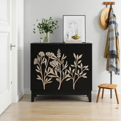 Image de Buffet de 80 cm avec 2 portes et sculptures florales, buffet de style vintage, meuble de rangement en MDF aspect bois naturel