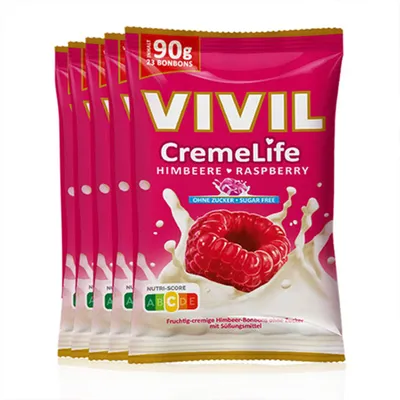 Produktbild von VIVIL Creme Life Himbeere Sahnebonbons ohne Zucker | 5 Beutel x 90g
