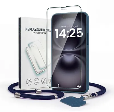 Produktbild von Handyhülle für Apple iPhone 17e mit Handykette und 9H Displayglas Displayschutz Band Kordel Hülle Case Schutzhülle Blau