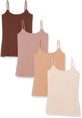 Immagine prodotto di Amazon Essentials, canottiera da donna, vestibilità aderente, confezione da 4, colori: rosa tenue/marrone/marrone scuro/marrone cammello scuro, taglia X-Small